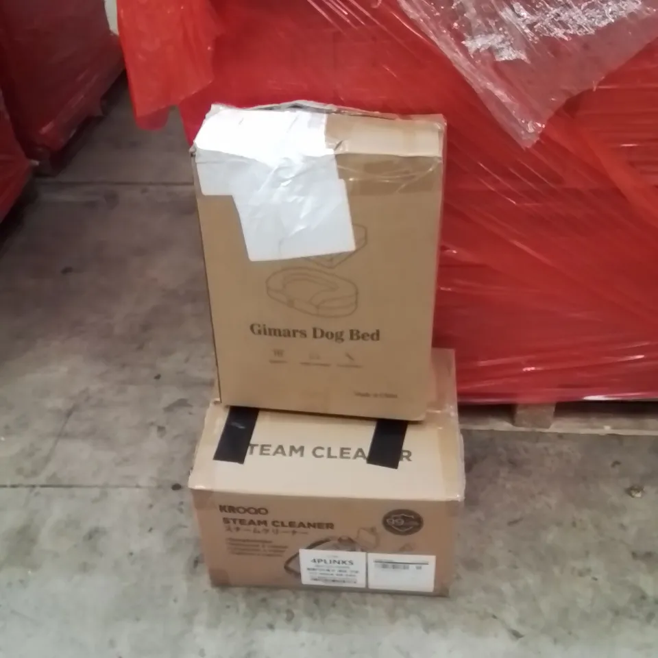 PALLET OF ASSORTED HOUSEHOLD GOODS AND PRODUCTS TO INCLUDOG BED,STEAM CLEANER 