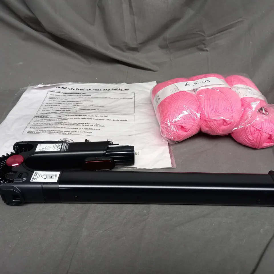 LARGE BOX OF ASSORTED HOUSEHOLD ITEMS TO INCLUDE YARNS OF WOOL, CHINESE SKY LANTERNS AND HOOVER PARTS