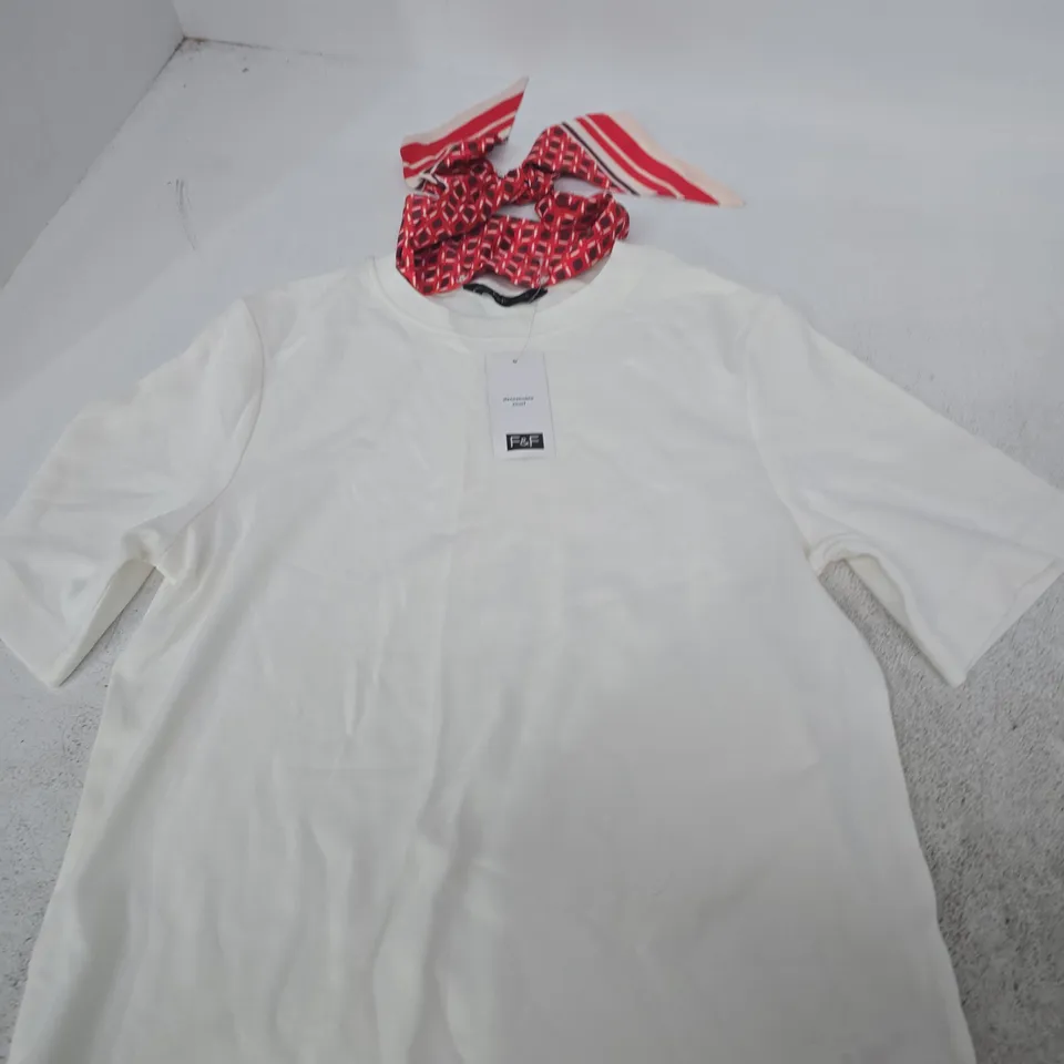 TESCO F&F WHITE T‑SHIRT WITH DETACHABLE SCARF – UK 8