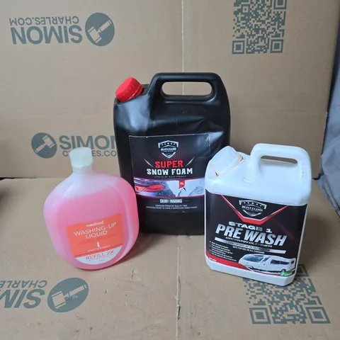 TOTE OF APPROXIMATELY 3 ASSORTED PRODUCTS TO INCLUDE METHOD WASHING UP LIQUID, SUPER SNOW FOAM 5L, STAGE 1 PRE WASH CARAVAN CLEANER ETC