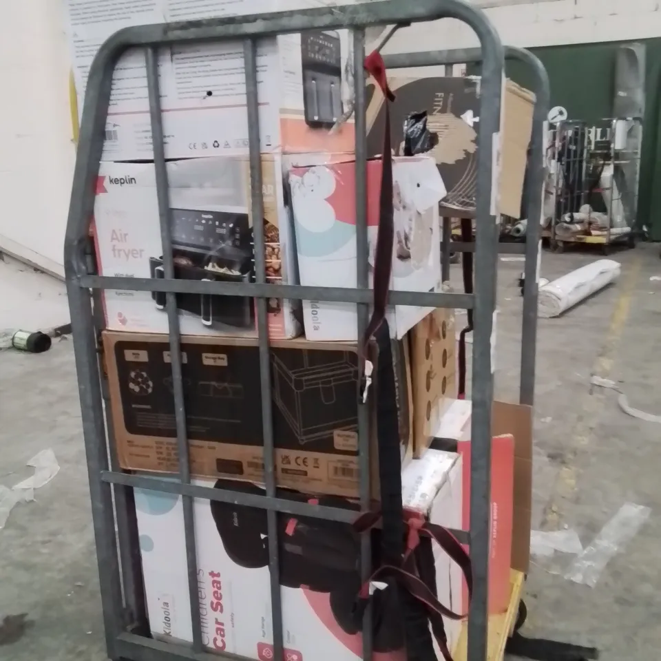 CAGE OF ASSORTED HOUSEHOLD GOODS AND PRODUCTS TO INCLUDE;;PLAYPENS,CHILDREN'S CAR SEATS,AIR FRYERS,FITNESS STEPPER 