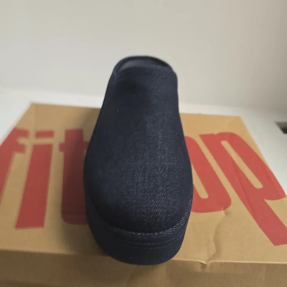 BOXED PAIR OF FITFLOP PLATFORM DENIM HEELED MULES - DARK DENIM, UK7