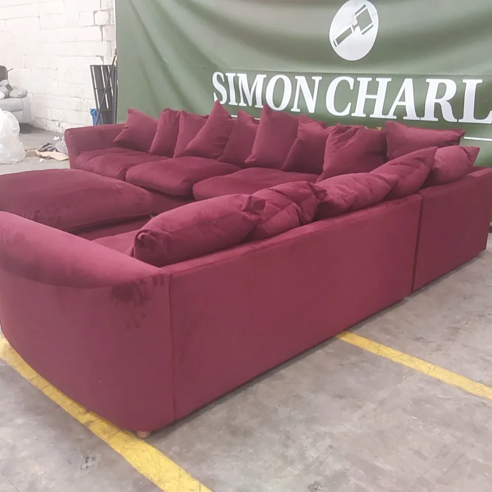 QUALITY DESIGNER EX DISPLAY LARGE VELVET CORNER SOFA WITH FOOTSTOOL - WINE RED 