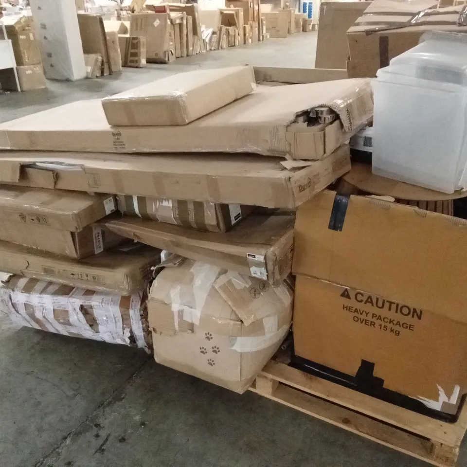 PALLET OF ASSORTED DESIGNER INCOMPLETE FURNITURE PARTS AND PIECES 