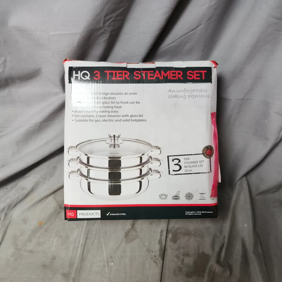 HQ 3-TIER STEAMER SET WITH GLASS LID – 25 CM (BOXED)