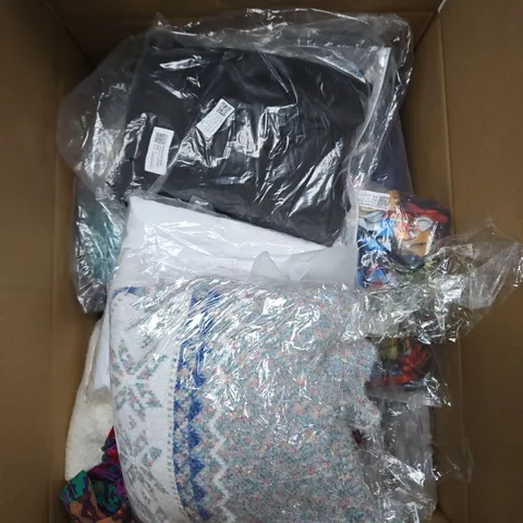 LARGE BOX OF ASSORTED CLOTHING ITEMS IN VARIOUS SIZES, STYLES AND COLOUR 