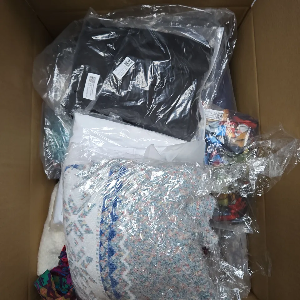 LARGE BOX OF ASSORTED CLOTHING ITEMS IN VARIOUS SIZES, STYLES AND COLOUR 