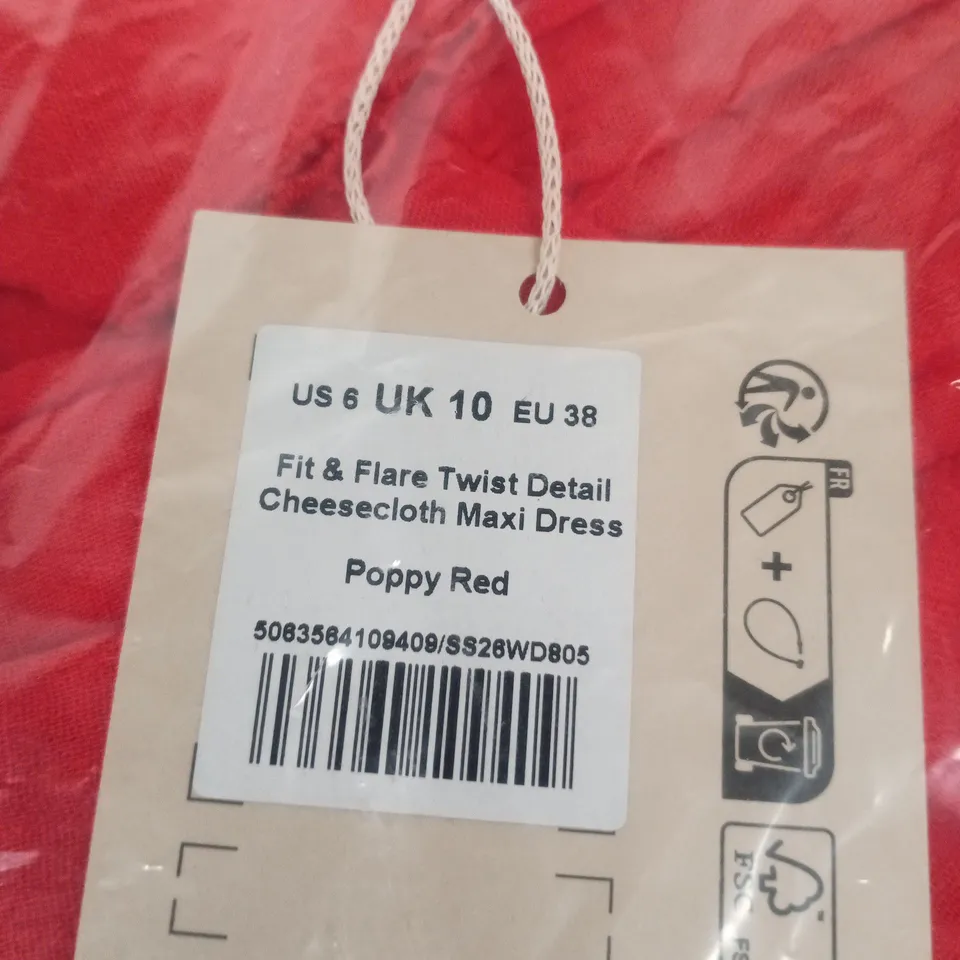 ME+EM LONDON FIT & FLARE TWIST DETAIL CHEESECLOTH MAXI DRESS - POPPY RED, UK 10