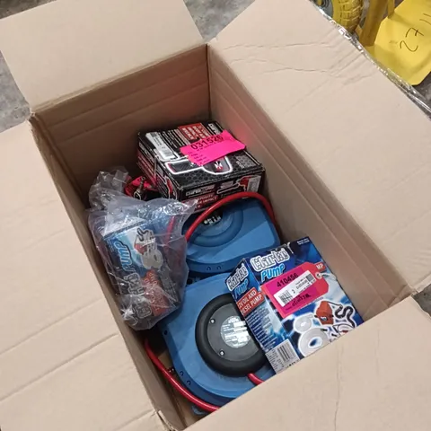 BOX OF ASSORTED PARTS AND DIY TOOLS TO INCLUDE AIR HOSE REELS, OIL/DIESEL PUMPS, IMPACT WRENCH ETC. (1 BOX)