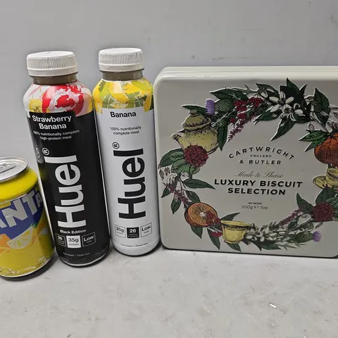 APPROXIMATELY 12 ASSORTED FOOD & DRINK ITEMS TO INCLUDE - HUEL BANANA , CARTWRIGHT LUXURY BISCUIT SELECTION , FANTA LEMON ETC