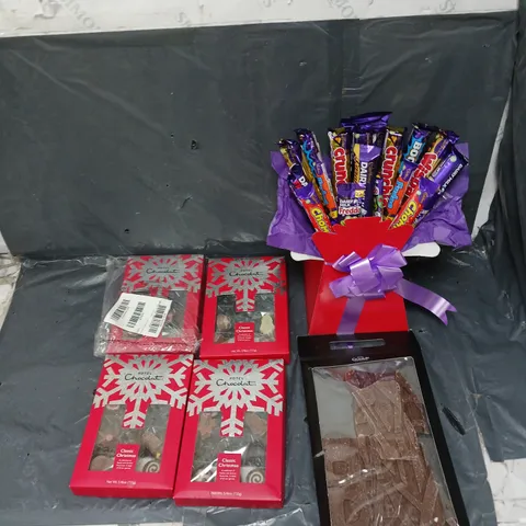 CADBURYS SELECTION BERET, HOTEL CHOCOLAT CHRISTMAS BOX, AND HOTEL CHOCOLAT HAPPY BIRTHDAY SLAB 