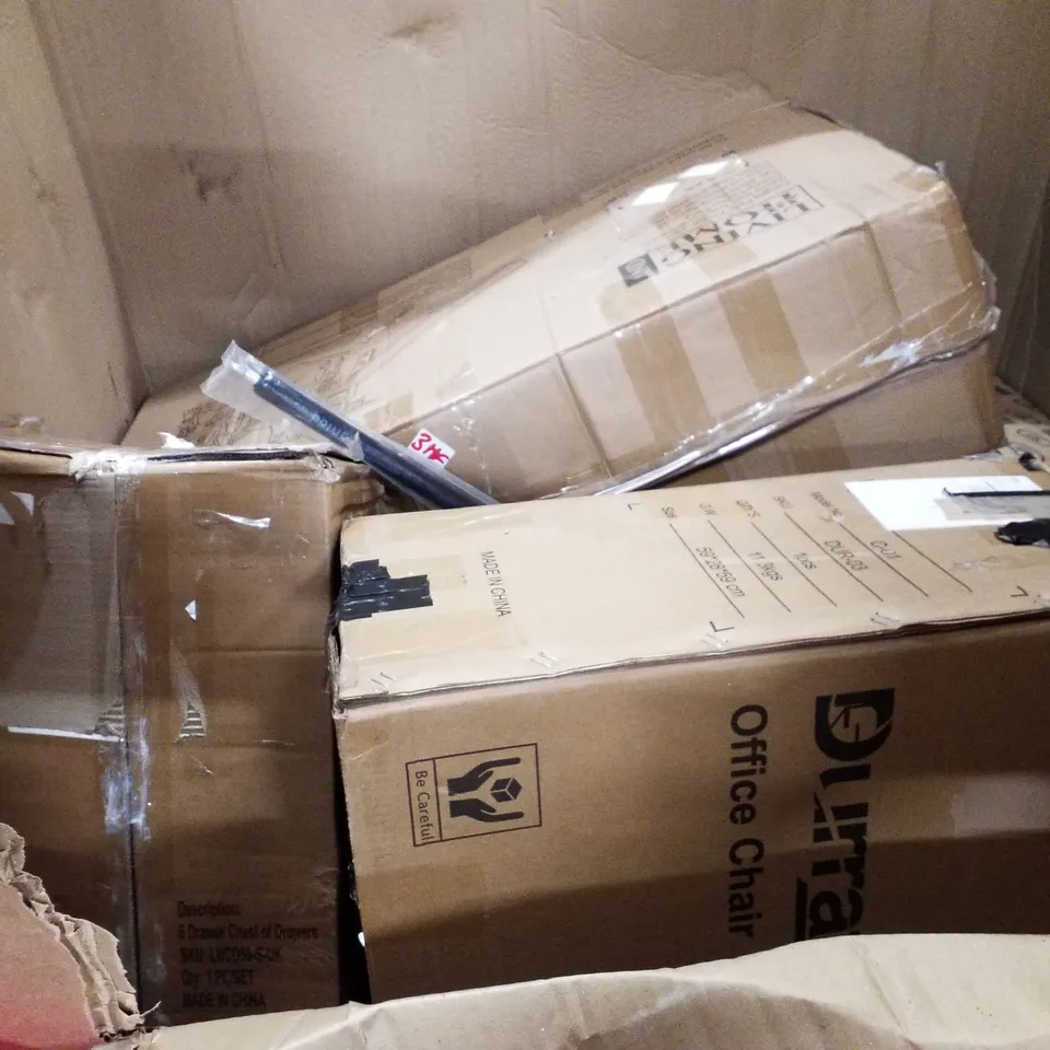 PALLET OF ASSORTED PRODUCTS INCLUDING KIDS BICYCLE, PVC CHAIR MAT, TOILET SEAT, GAMING DESK, OFFICE CHAIR, 6 DRAWER CHEST OF DRAWERS 