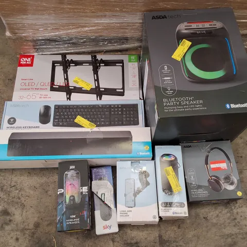 PALLET CONTAINING ASSORTED ELECTRICAL RETURNS INCLUDING BLUETOOTH PARTY SPEAKER, 25W COMPACT SOUNDBAR, LONG ARM PHONE HOLDER, OLED UNIVERSAL TV WALL MOUNT & WIRELESS KEYBOARD AND MOUSE COMBO