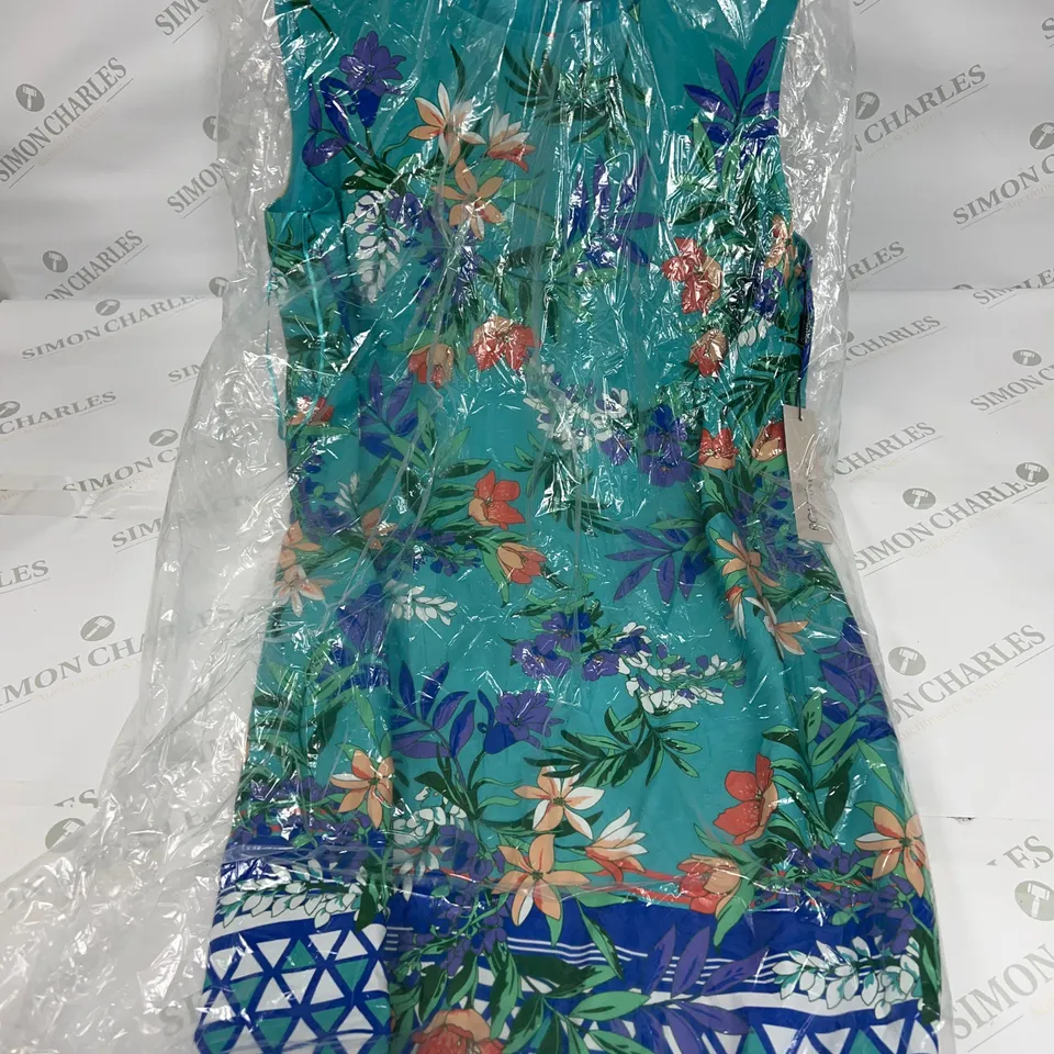 ROMAN FLORAL BORDER PRINT DRESS IN TURQUOISE SIZE 16