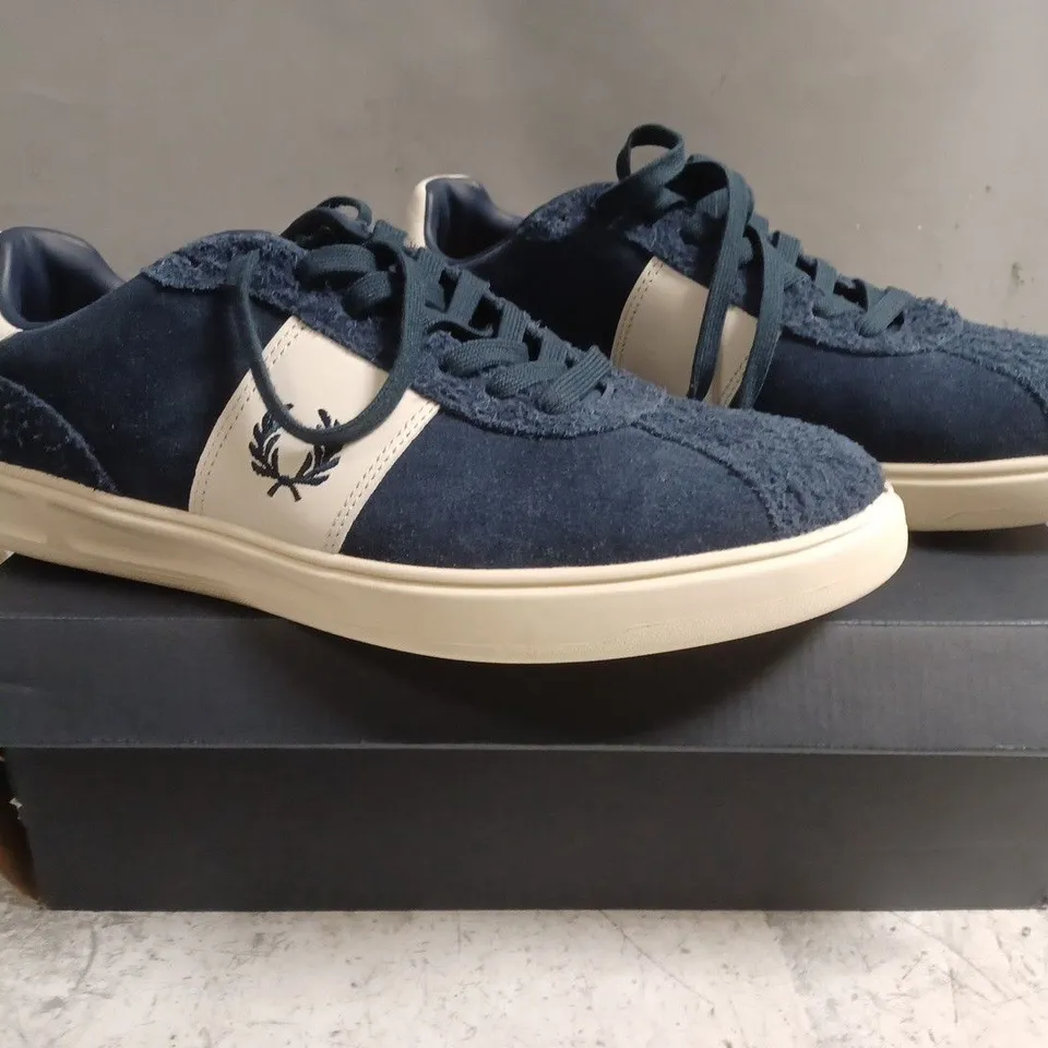 BOXED PAIR OF FRED PERRY SUEDE/LEATHER SHOES IN BLUE/WHITE SIZE UK 10