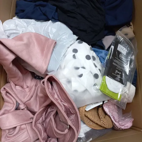 LARGE BOX OF ASSORTED CLOTHING TO INCLUDE - TOPS DRESSES - SHORTS