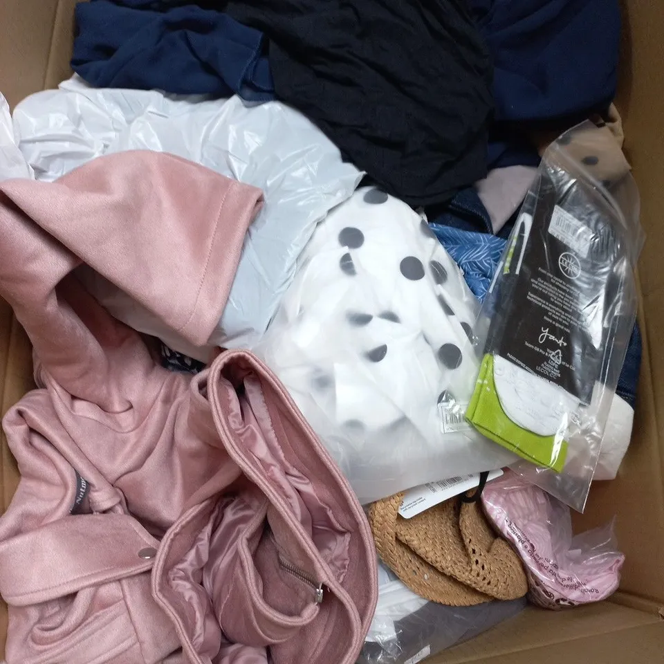 LARGE BOX OF ASSORTED CLOTHING TO INCLUDE - TOPS DRESSES - SHORTS