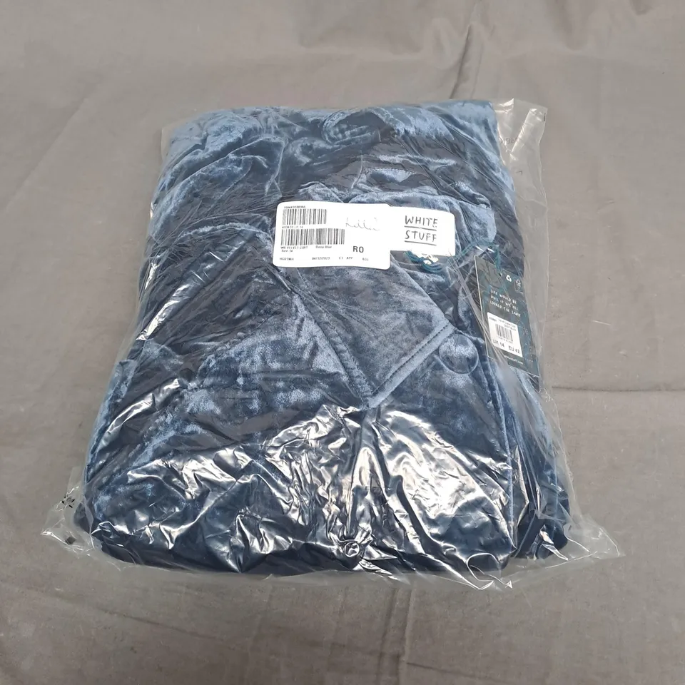 SEALED WHITE STUFF VELVET DUSTER COAT IN DEEP BLUE - UK 14
