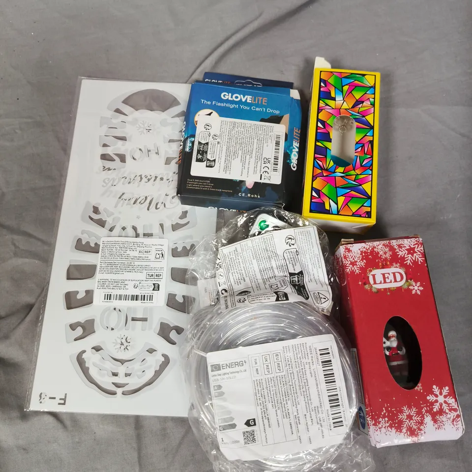 APPROXIMATELY 15 ASSORTED HOUSEHOLD PRODUCTS TO INCLUDE LED LIGHTS, STENCILS, CHRISTMAS DECOR ETC 