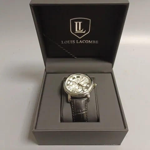 MENS LOUIS LACOMBE CHRONOGRAPH WATCH – MULTI FUNCTION DIAL WITH DATE – ROMAN NUMERAL DIAL – LEATHER STRAP