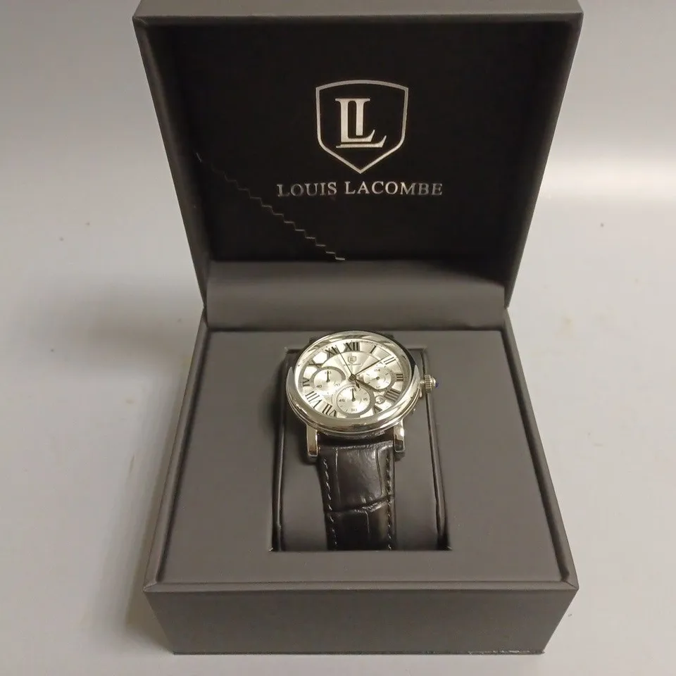 MENS LOUIS LACOMBE CHRONOGRAPH WATCH – MULTI FUNCTION DIAL WITH DATE – ROMAN NUMERAL DIAL – LEATHER STRAP