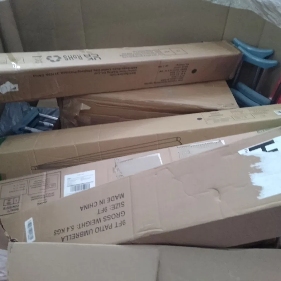 PALLET OF ASSORTED ITEMS INCLUDING KMINA WALKER WITHOUT WHEELS, FOLDING TABLE, ALUMINIUM LADDER, SEKEY 2.7M PARASOL