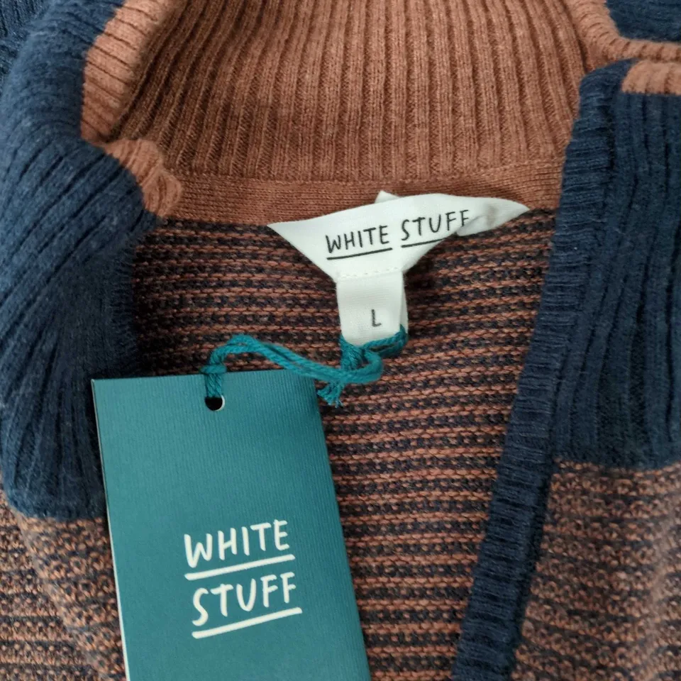 WHITE STUFF KNIT TOP – NAVY COLLAR, BROWN BODY, SIZE L