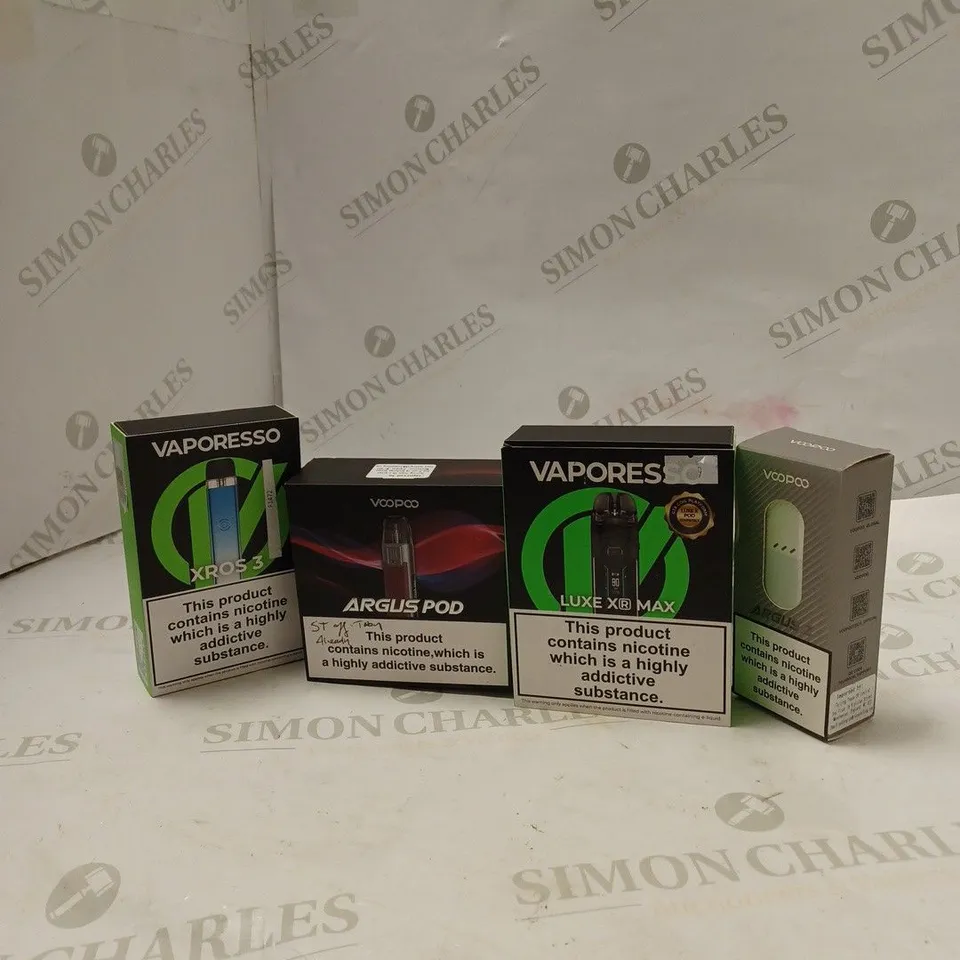 BOX OF APPROX 10 ITEMS TO INCLUDE VAPORESSO XROS 3, VOOPOO ARGUS POD, VOOPOO ARGUS Z.