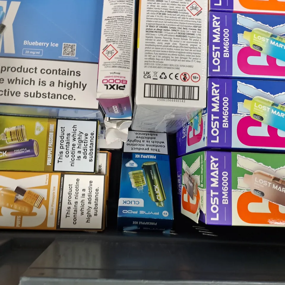APPROXIMATELY 15 ASSORTED E-CIGARETTE AND VAPE ITEMS TO INCLUDE ELFBAR, LOST MARY, ETC