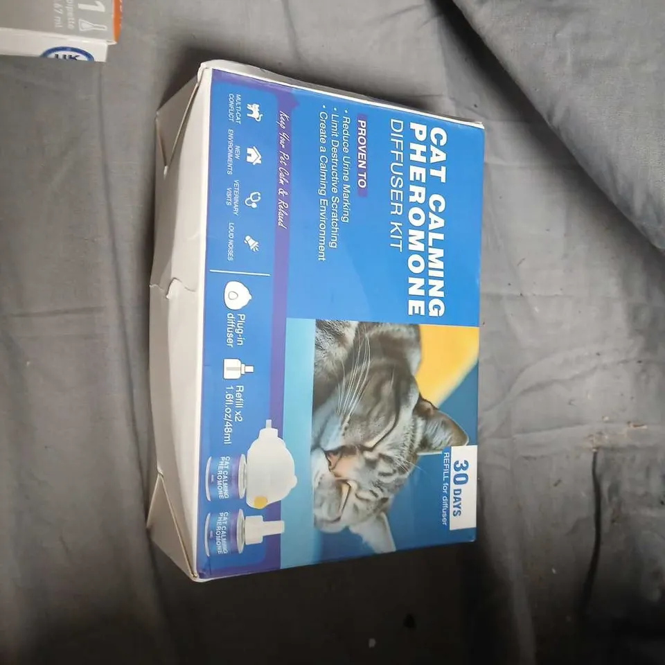 BOX OF ASSORTED PET CARE PRODUCTS  – FLEA/TICK TREATMENTS, CAT DIFFUSER KIT, DOG JOINT SUPPLEMENT