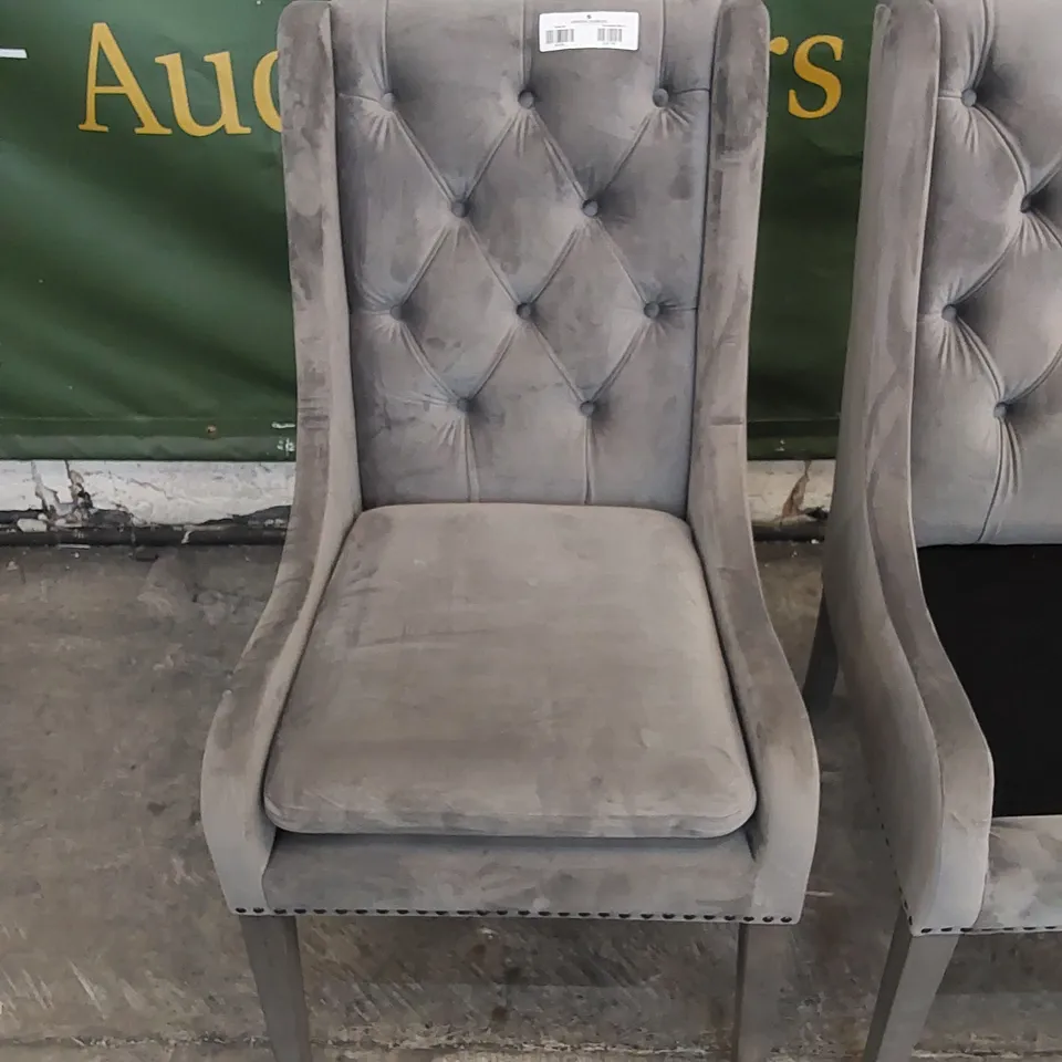 SET OF 2 COSY UPHOLSTERED HIGH-BACKED DINING CHAIRS - GREY (ONE CUSHIONS MISSING)