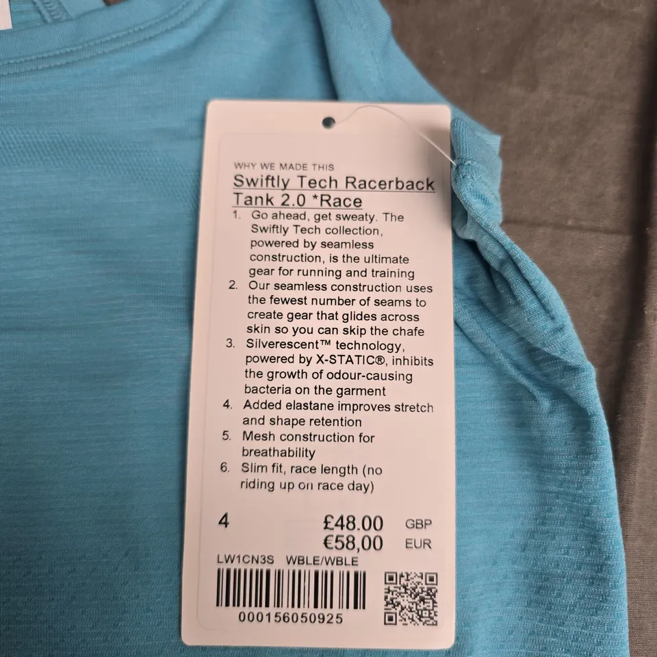 LULULEMON SWIFTLY TECH RACERBACK TANK 2.0 – WOMEN’S TURQUOISE TANK TOP (SIZE 4)