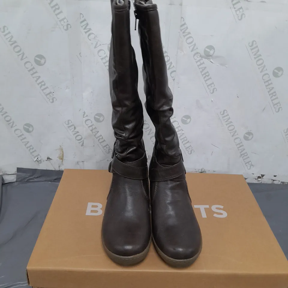 BOX OF APPROXIMATELY 8 BARRATTS STRAP AND ROUCHE WEDGE HIGH BOOTS SIZE 3