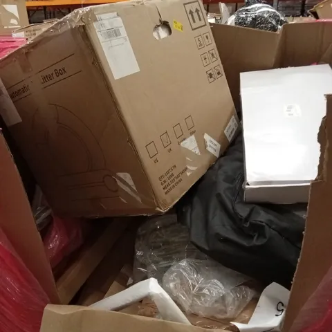 PALLET OF ASSORTED HOUSEHOLD GOODS AND PRODUCTS TO INCLUDE; RUGS, AUTOMATIC CAT LITTER BOX, BOXED FURNITURE ETC