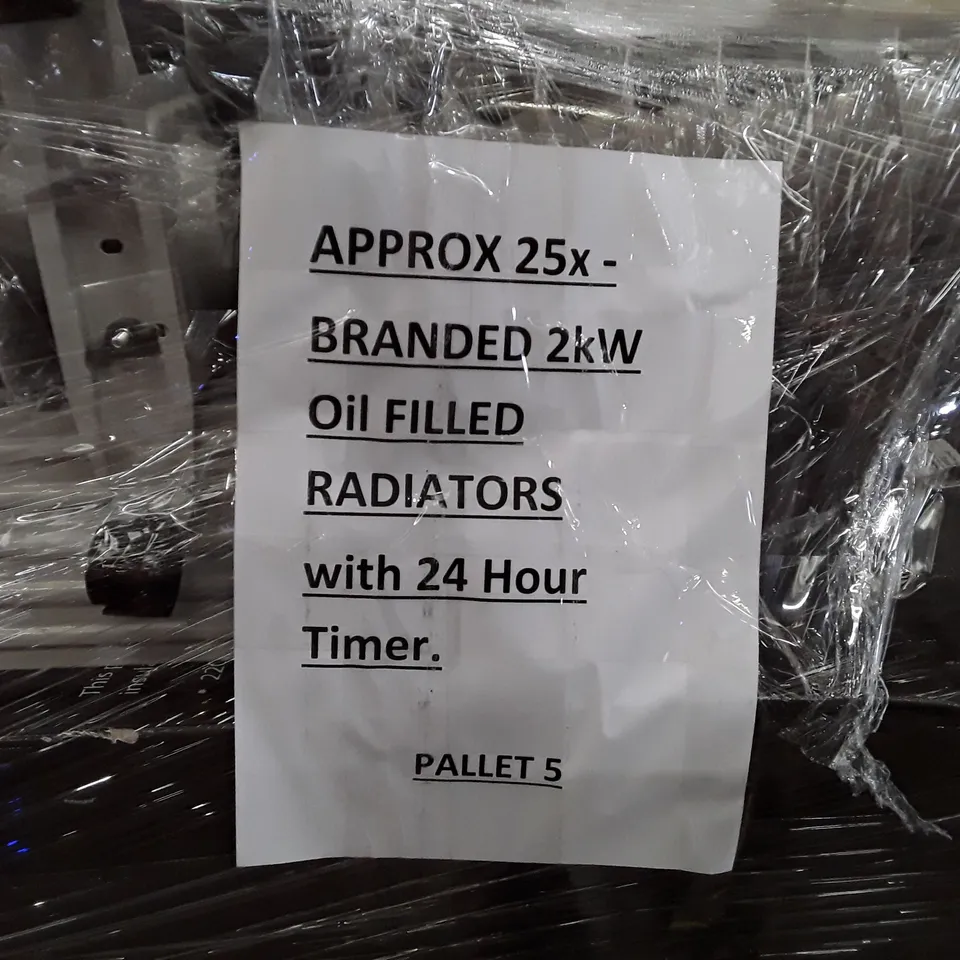 PALLET OF APPROXIMATELY 25 BRANDED 2KW OIL FILLED RADIATORS WITH 24 HOUR TIMERS