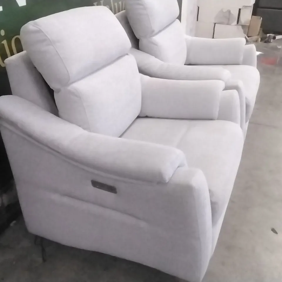QUALITY G-PLAN BRITISH MADE HARDWOOD FRAMED PAIR OF HURST MASCA ICE FABRIC POWER RECLINING ARMCHAIRS