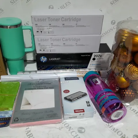 LARGE QUANTITY OF ASSORTED HOUSEHOLD ITEMS TO INCLUDE TONER CARTRIDGES, DIBOR GOBLET AND GOLD BAUBLES