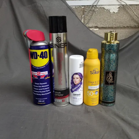 APPROXIMATELY 15 ASSORTED AEROSOLS TO INCLUDE SOLTAN SUNCARE MIST, WD-40 AND REBELLIOUS TEMPORARY HAIR COLOUR SPRAY