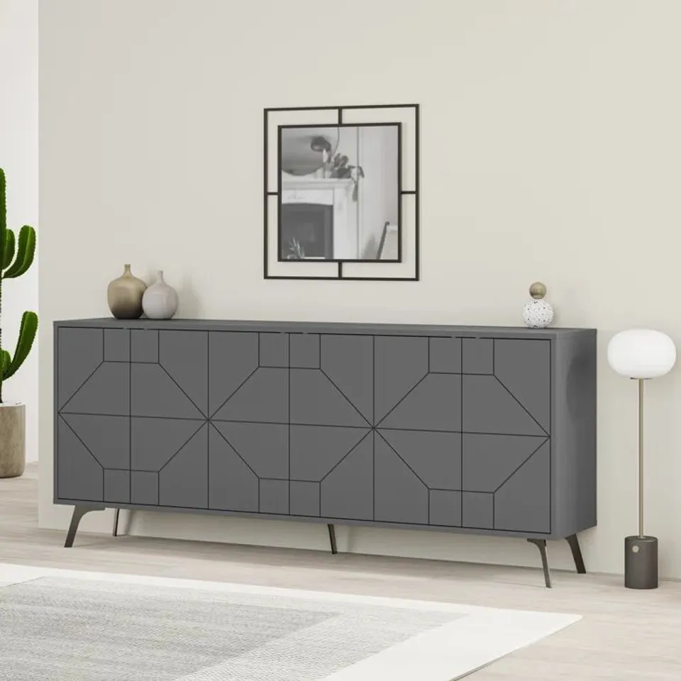 BOXED 183CM WIDE MODERN GEOMETRIC SIDEBOARD STORAGE WITH PUSH-TO-OPEN DOORS - BROWN WOOD (3 BOXES)
