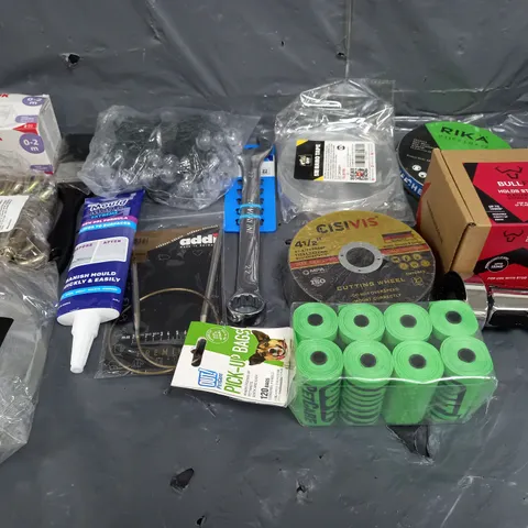 BOX OF ASSORTED HOUSEHOLD ITEMS TO INCLUDE POO BAGS, CUTTING WHEELS AND NANO TAPE