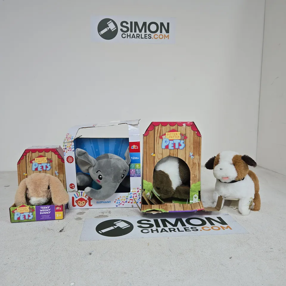 BOX OF APPROXIMATELY 10 ASSORTED TOYS INCLUDING PITTER PATTER PETS TEENY WEENY BUNNY, HAPPY HOPPY BUNNY AND LITTLE LOT MUSICAL ELEPHANT