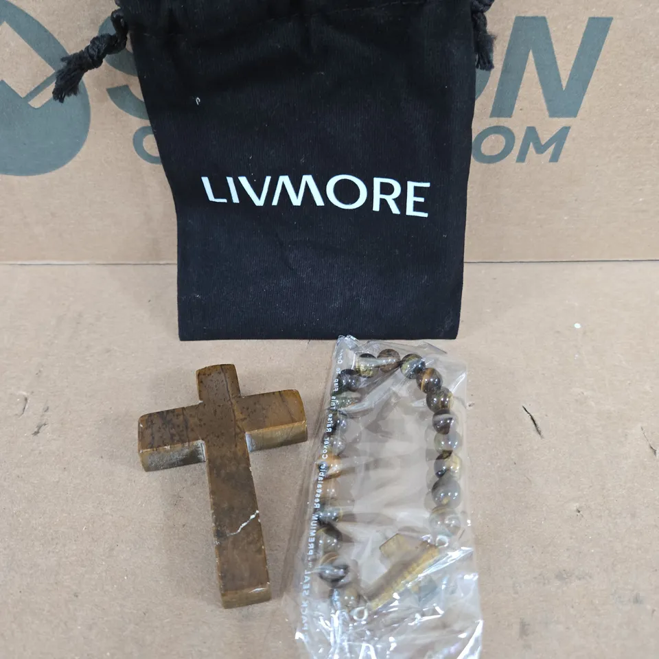 LIVMORE HAND CARVED GEMSTONE CROSS WITH MATCHING BRACELET – JEWELLERY SET