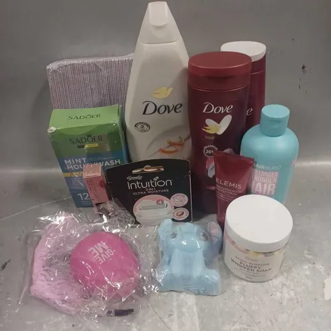 APPROXIMATELY 20 ASSORTED COSMETIC PRODUCTS INCLUDE - HAIRBURST SHAMPOO - DOVE BODY LOTION - STITCH BATH BOMB - ETC