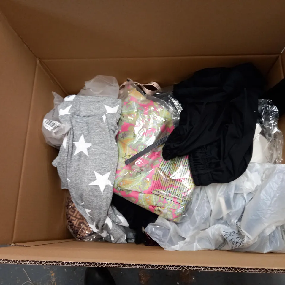 BOX OF APPROXIMATELY 25 ASSORTED CLOTHING ITEMS TO INCLUDE A PAIR OF BLACK STRETCH TROUSERS, A PAIR OF SLIPPERS,  A PAIR OF PJ BOTTOMS AND A UNDERWEAR SET