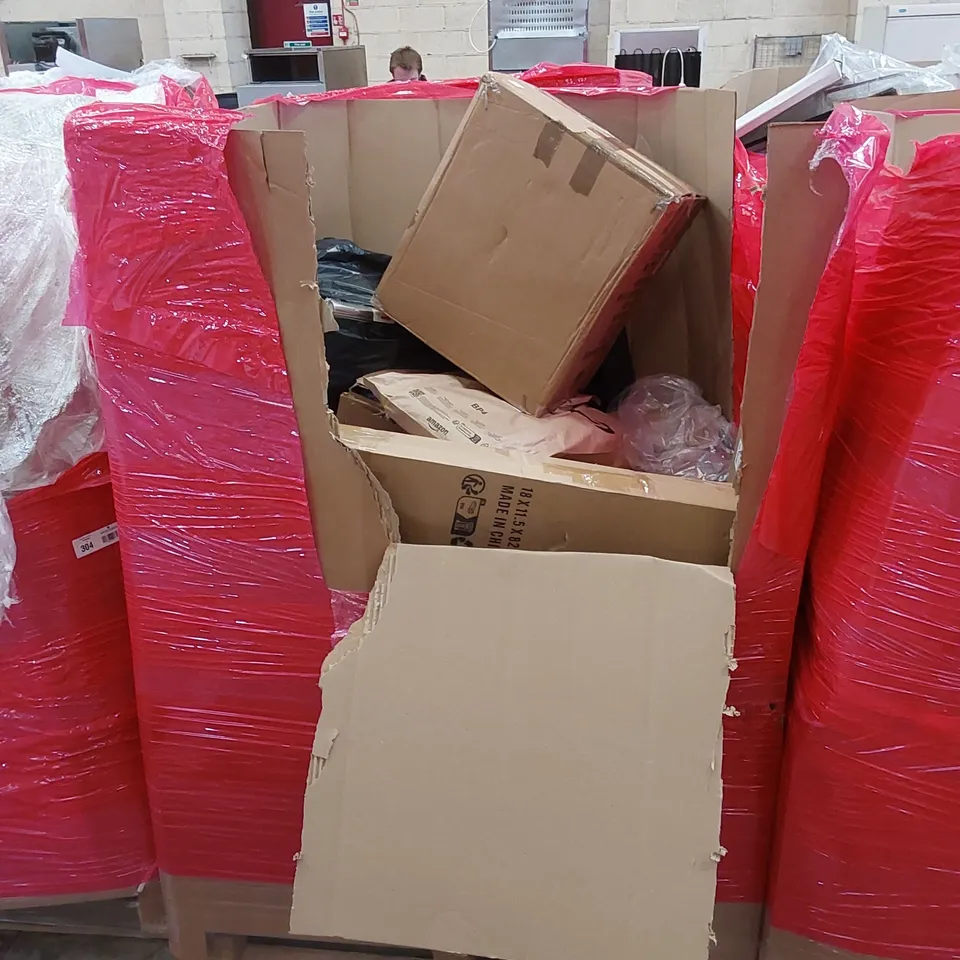 PALLET OF ASSORTED HOUSEHOLD ITEMS AND CONSUMER PRODUCTS. INCLUDES; INDUCTION HOB, BABY PLAYPEN, ROLLER BLIND, PURIFIER AND HEATER FAN, BOXED FURNITURE ETC 