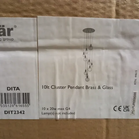 BOXED DAR DITA 10 LIGHT CLUSTER PENDANT BRASS AND GLASS