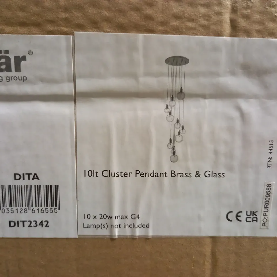 BOXED DAR DITA 10 LIGHT CLUSTER PENDANT BRASS AND GLASS