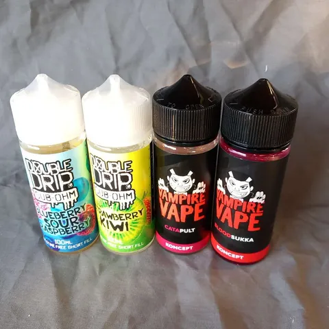 FOUR ASSORTED 100ML VAPE REFILLS TO INCLUDE; DUBLE DRIP SUB-OHM NICOTINE FREE AND VAMPIRE VAPE KONCEPT