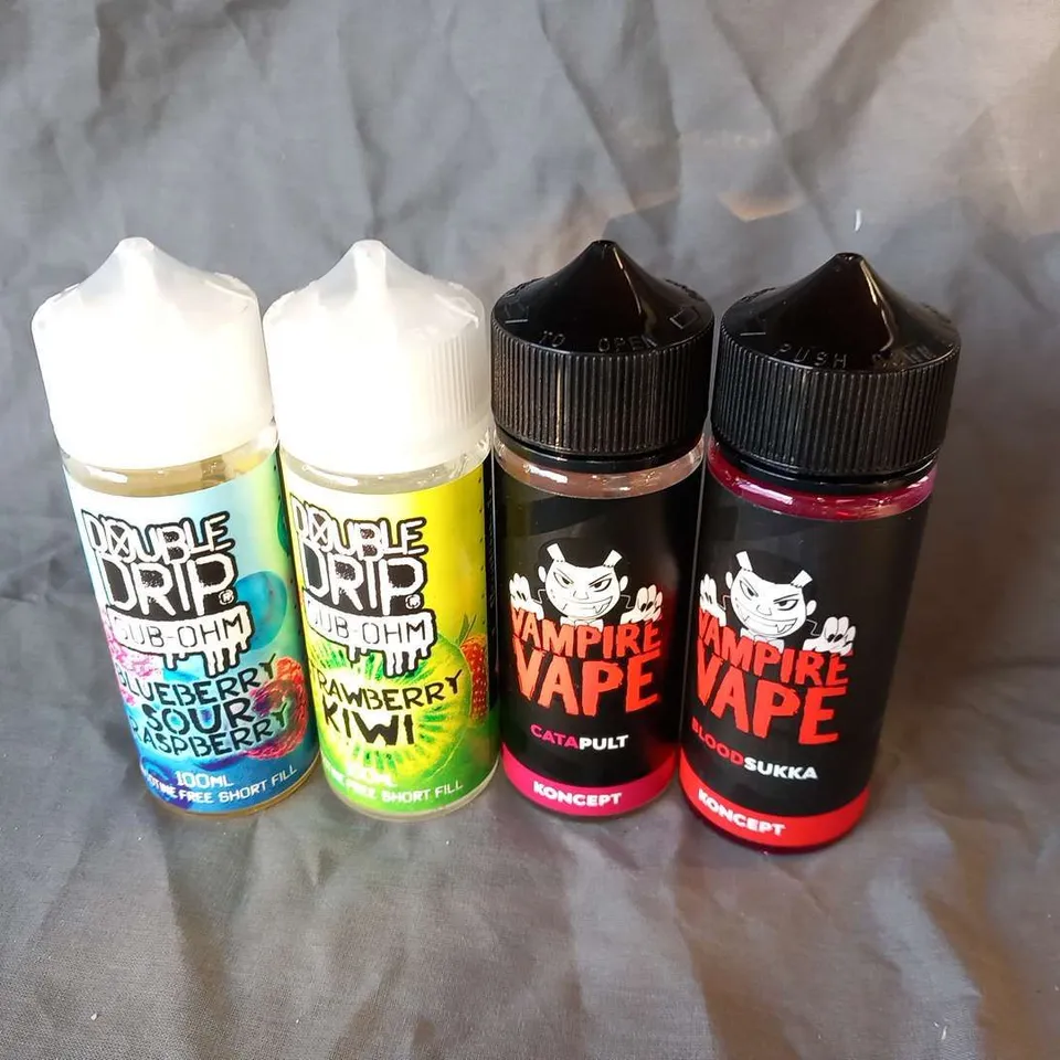 FOUR ASSORTED 100ML VAPE REFILLS TO INCLUDE; DUBLE DRIP SUB-OHM NICOTINE FREE AND VAMPIRE VAPE KONCEPT