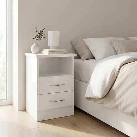 BOXED NEVADA 2 DRAWER BEDSIDE IN WHITE GLOSS (1 BOX)